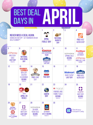 a calendar showing all the best sales and deals in april 2026