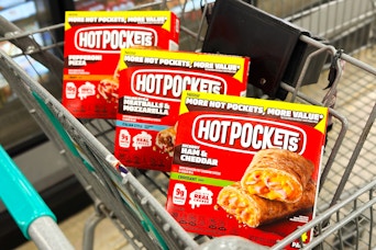 hot pockets sitting side by side in a kroger shopping cart