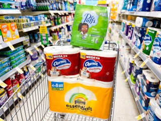 bounty, charmin, and puffs in a cart