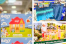 bluey bounce house swim trunks mud kitchen collage