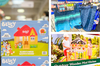 bluey bounce house swim trunks mud kitchen collage