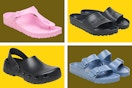 Shop Simon Birkenstock shoes on an olive and yellow collage background. 