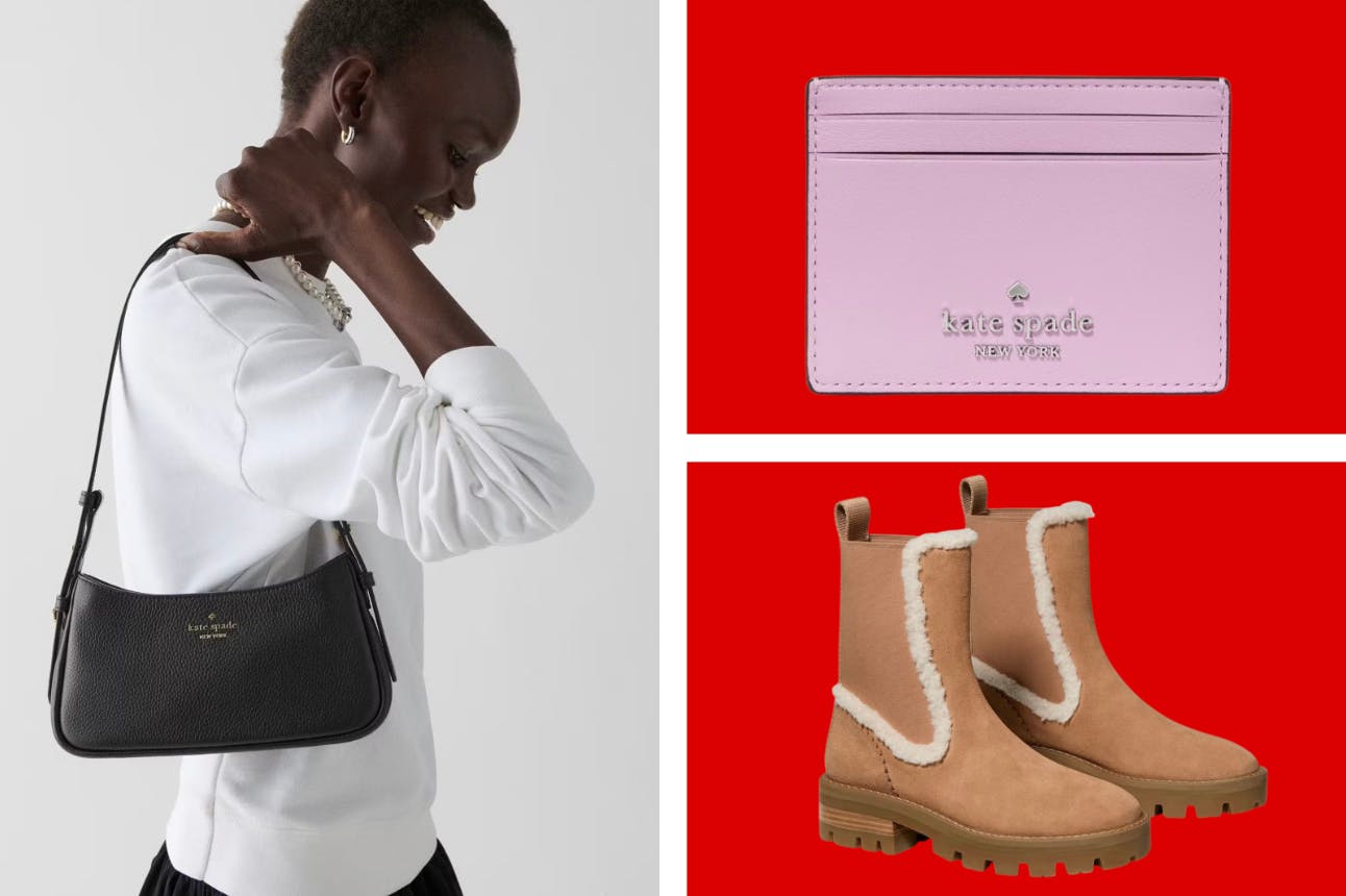 a model with a purse, boots, and a wallet in a collage 