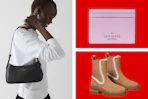 a model with a purse, boots, and a wallet in a collage 