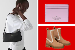 a model with a purse, boots, and a wallet in a collage 