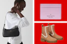 a model with a purse, boots, and a wallet in a collage