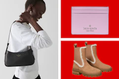 a model with a purse, boots, and a wallet in a collage