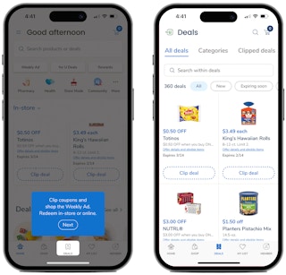 Two phones showing how to get to the coupons and a list of coupons on the Albertsons app
