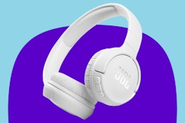 JBL Tune 510BT - Bluetooth headphones in white on a purple background.