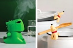 2 lifestyle images of Ototo items: Dino Microwave Steamer & Buddy Dog Spoon Rest