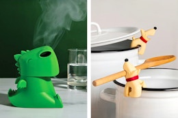2 lifestyle images of Ototo items: Dino Microwave Steamer & Buddy Dog Spoon Rest
