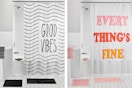 2 lifestyle images of the Mainstays 15-piece bathroom sets (complete with a shower curtain and matching rugs)