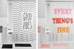2 lifestyle images of the Mainstays 15-piece bathroom sets (complete with a shower curtain and matching rugs)
