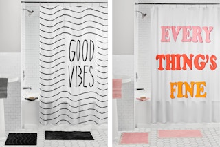 2 lifestyle images of the Mainstays 15-piece bathroom sets (complete with a shower curtain and matching rugs)