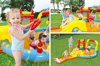3 lifestyle images of kids playing on the H2OGO! Lil' Champ Play Pool Center with Slide outdoors