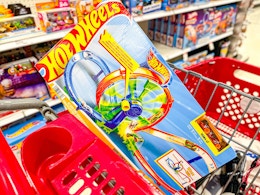 hot wheels track set sitting in a target cart