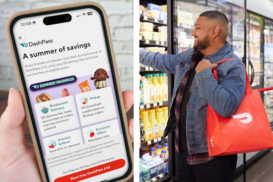 summer dashpass on the doordash app and a doordash delivery person shopping in store