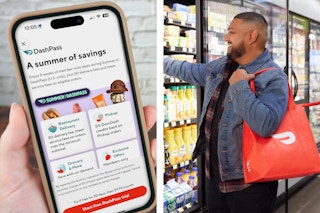 summer dashpass on the doordash app and a doordash delivery person shopping in store