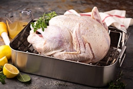 An uncooked turkey in a pan with other ingredients around it