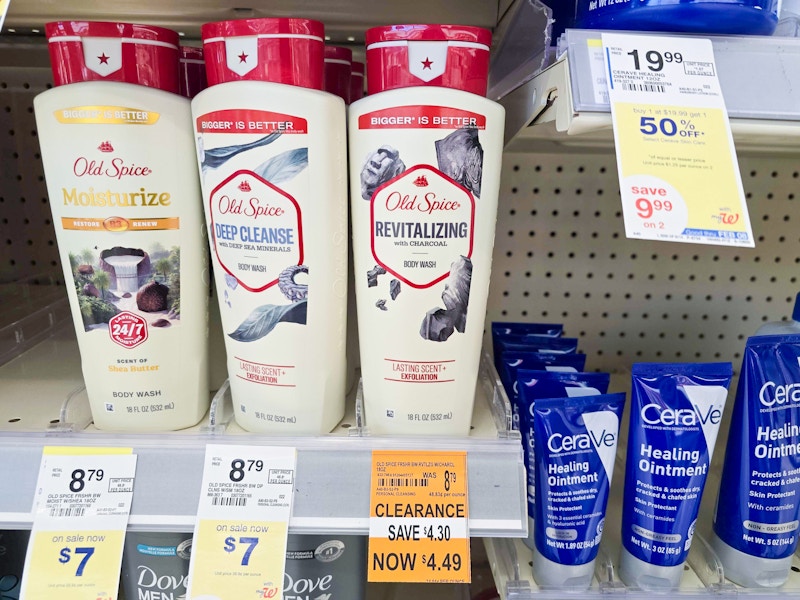 old spice body wash with a $4.49 clearance sign