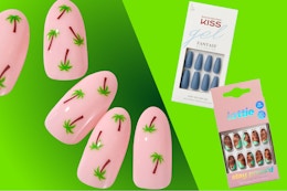 Three press-on nail sets: Palm Trees, Blue & Leopard styles