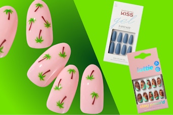 Three press-on nail sets: Palm Trees, Blue & Leopard styles