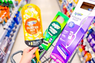 swiffer duster kit, deluxe sweep kit, and power mop in a cart