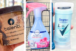 collage with talenti, febreze, and degree