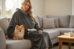 a woman sitting on a couch next to a pomeranian