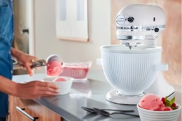 Lifestyle image of KitchenAid Ice Cream Mixer Attachment used in kitchen to make ice cream