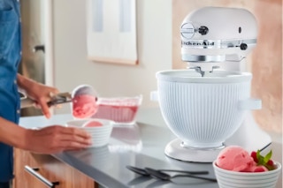 Lifestyle image of KitchenAid Ice Cream Mixer Attachment used in kitchen to make ice cream
