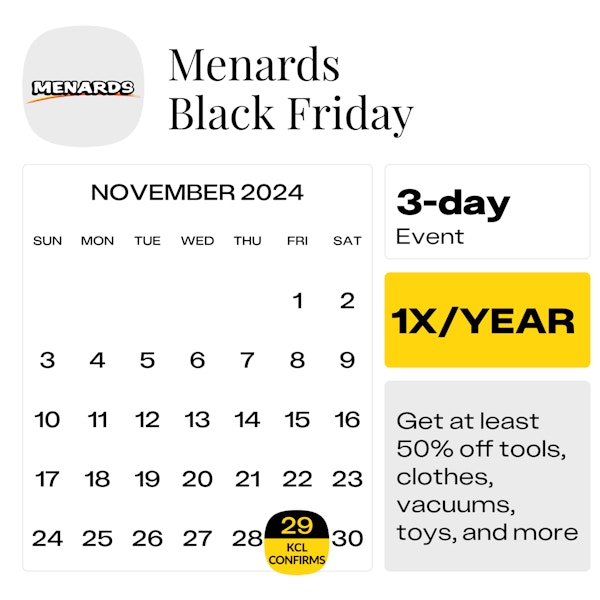 Calendar graphic showing the confirmed start date of the Menards Black Friday sale as Friday, November 29, 2024.