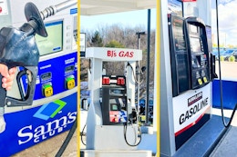 three images together of sams club, bjs, and costco gas pumps 