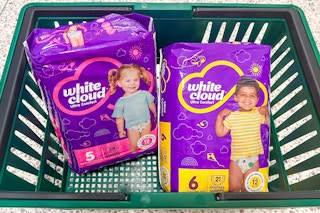 white cloud diapers in shopping basket