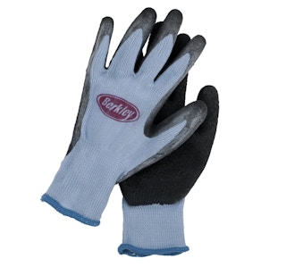 A blue and black pair of Berkley fishing gloves.