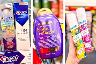 crest toothpaste, ogx shampoo, and batiste dry shampoo collage image