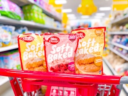 3 betty crocker cookie mixes sitting on top a target cart