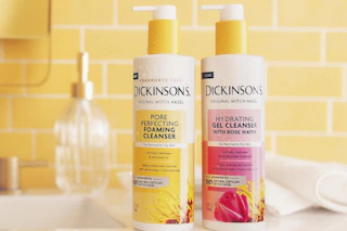 Dickinson's Facial Cleanser in yellow bathroom