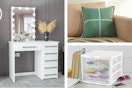 vanity set, throw pillow, and sterilite storage