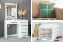 vanity set, throw pillow, and sterilite storage