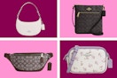 Coach bags on a maroon and pink collage background. 