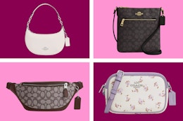 Coach bags on a maroon and pink collage background. 