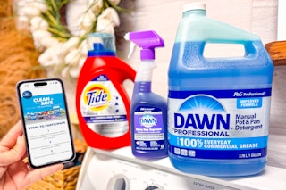 p&g products, tide and dawn on a washing machine, and someone holding a phone showing the rebate offer