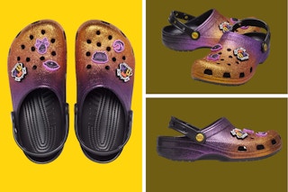 Three angles of the orange-and-purple Hocus Pocus crocs shoes