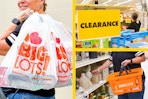 a woman holding big lots shopping bags, shopping in the clearance section, and holding a big lots basket