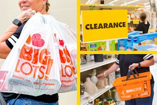 a woman holding big lots shopping bags, shopping in the clearance section, and holding a big lots basket