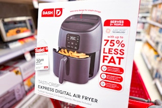 dash express digital air fryer sitting on a target cart