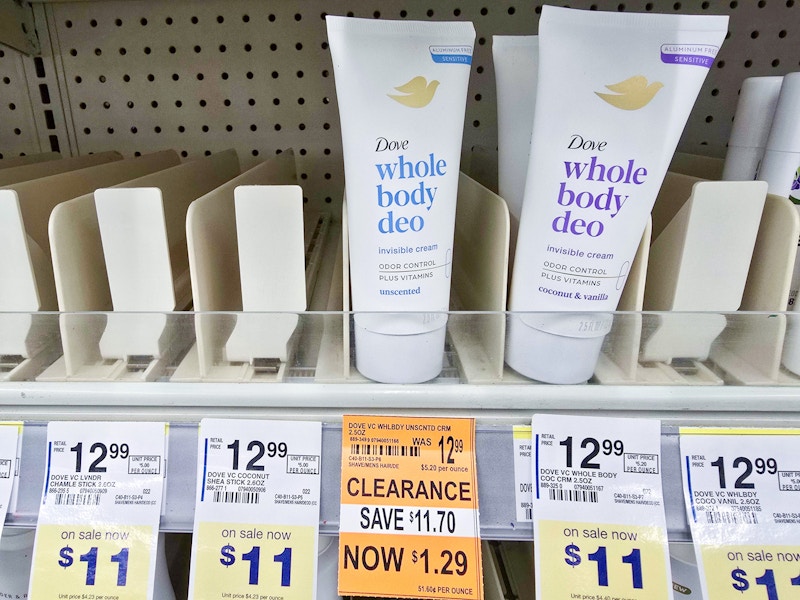 dove whole body deodorant with a $1.29 clearance sign