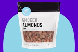 Amazon Brand - Happy Belly Smoked Almonds, 16 ounce (Pack of 1) on a blue background.