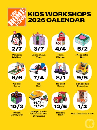 Graphic of the home depot kids workshops 2026 calendar